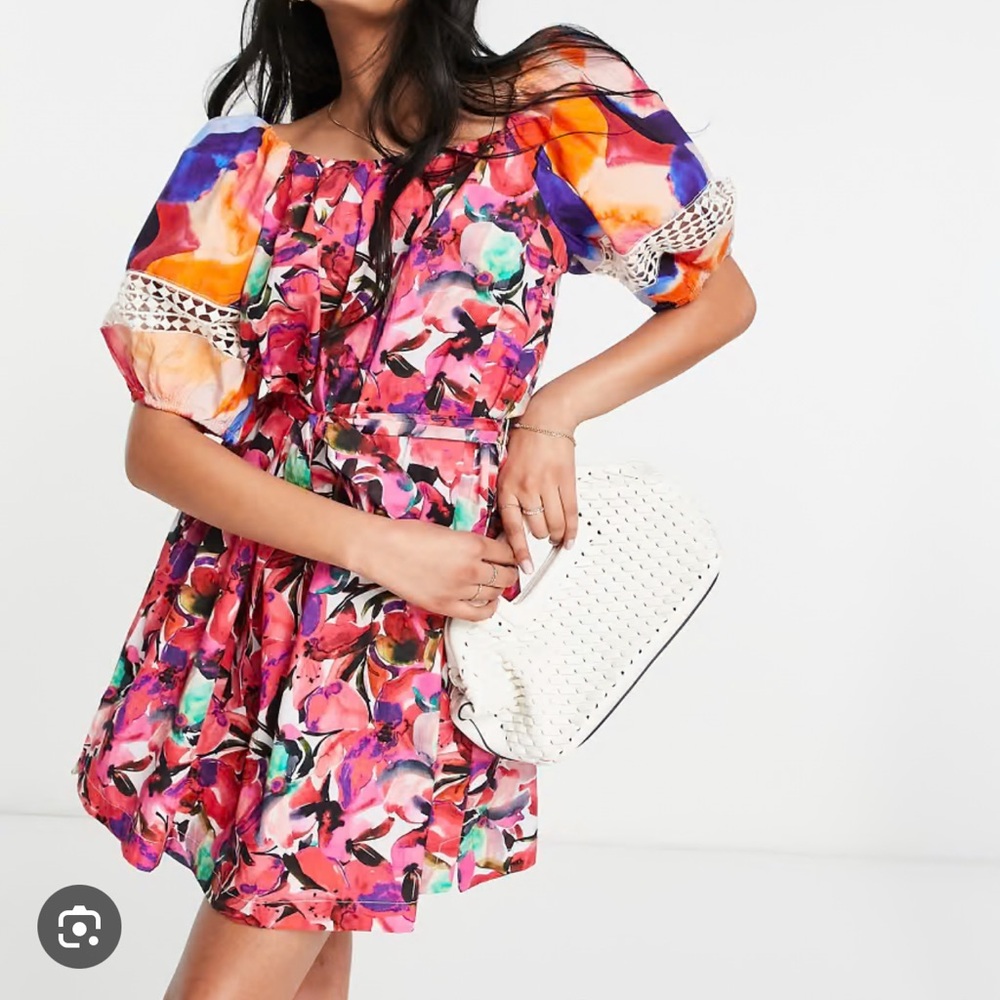 French Connection organic cotton mini dress with puff sleeve in contrast print